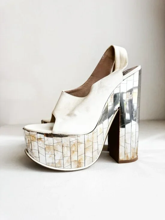 Rochas RUNWAY White Leather Mirror " Disco" Sandals Chunky Heel 39 - Picture 6 of 11